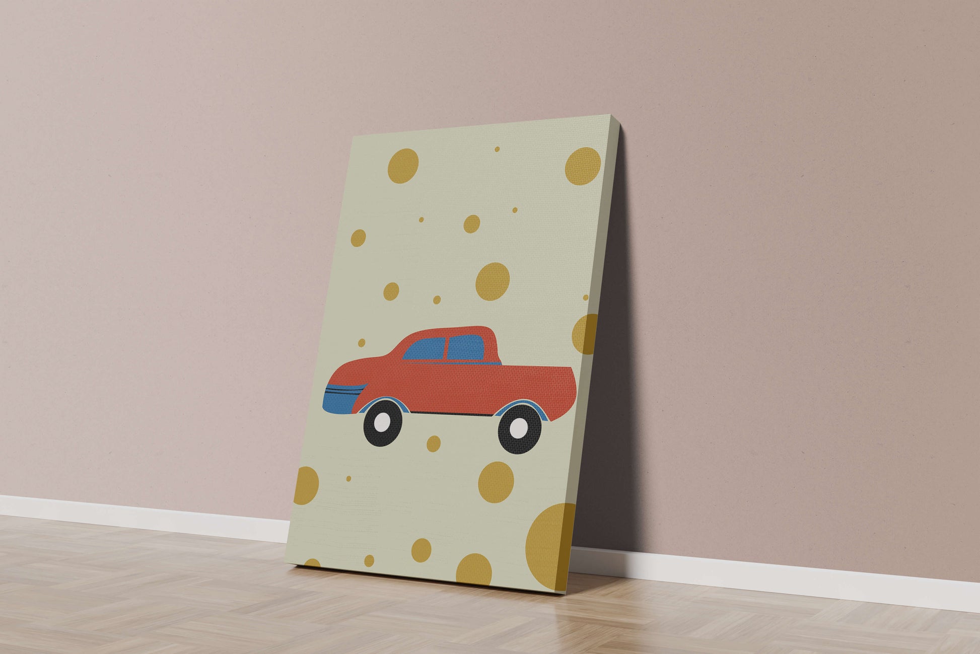 Abstract illustration of a red car with golden circles on a beige background
