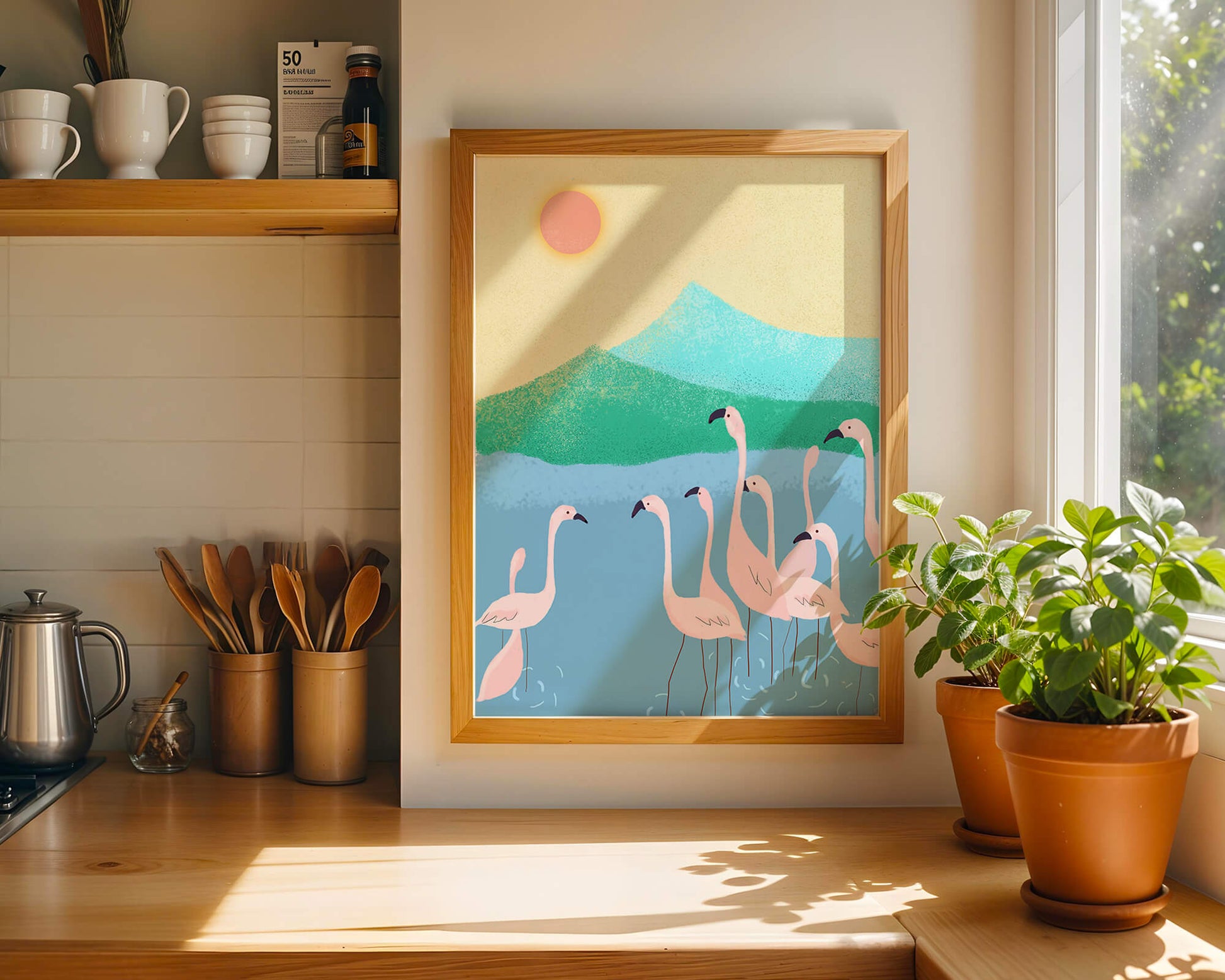 Friedliche Szene mit Flamingos in einer ruhigen Landschaft mit Bergen und Sonnenuntergang