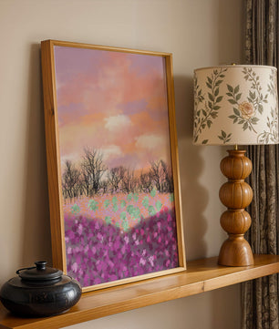 Paisaje sereno con campo floral vibrante y cielo pastel