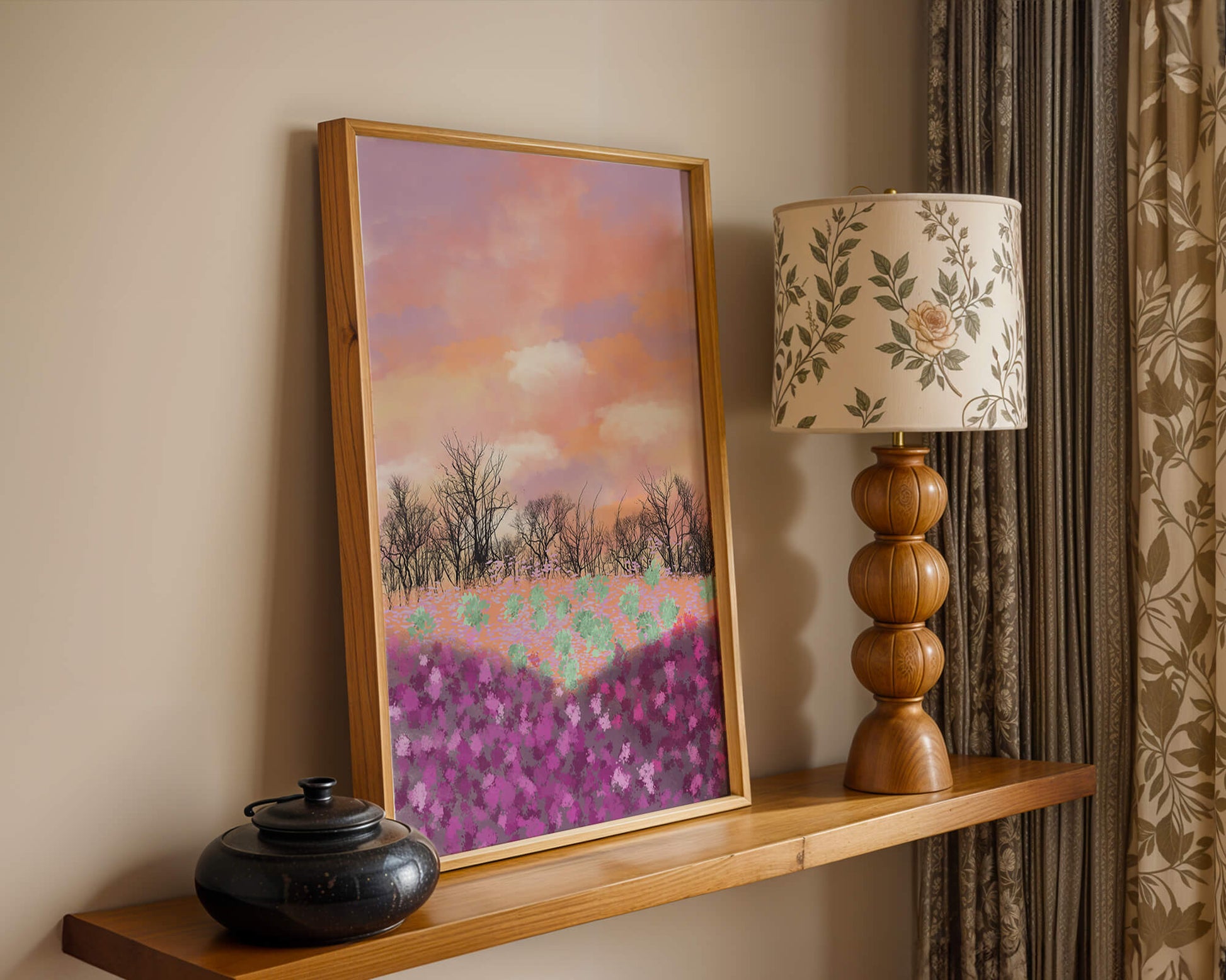 Paisaje sereno con campo floral vibrante y cielo pastel