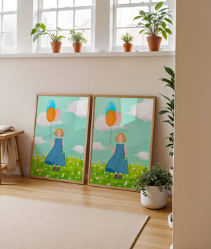 Girl with balloons in a field of daisies under a blue sky