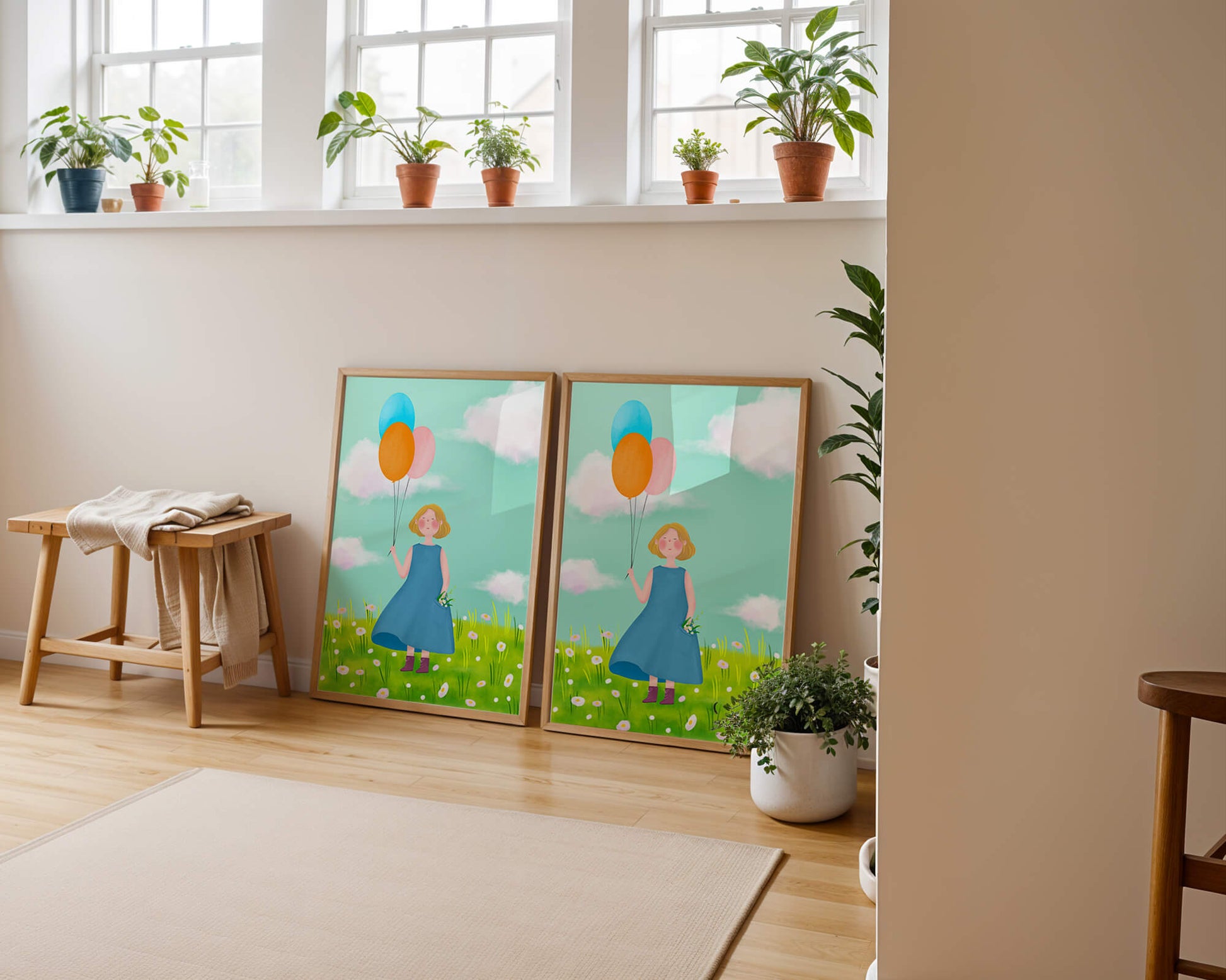 Girl with balloons in a field of daisies under a blue sky