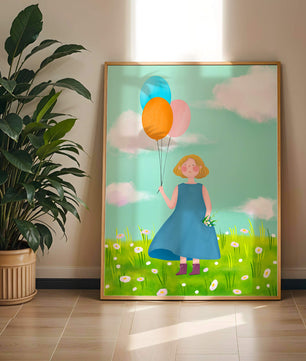 Girl with balloons in a field of daisies under a blue sky