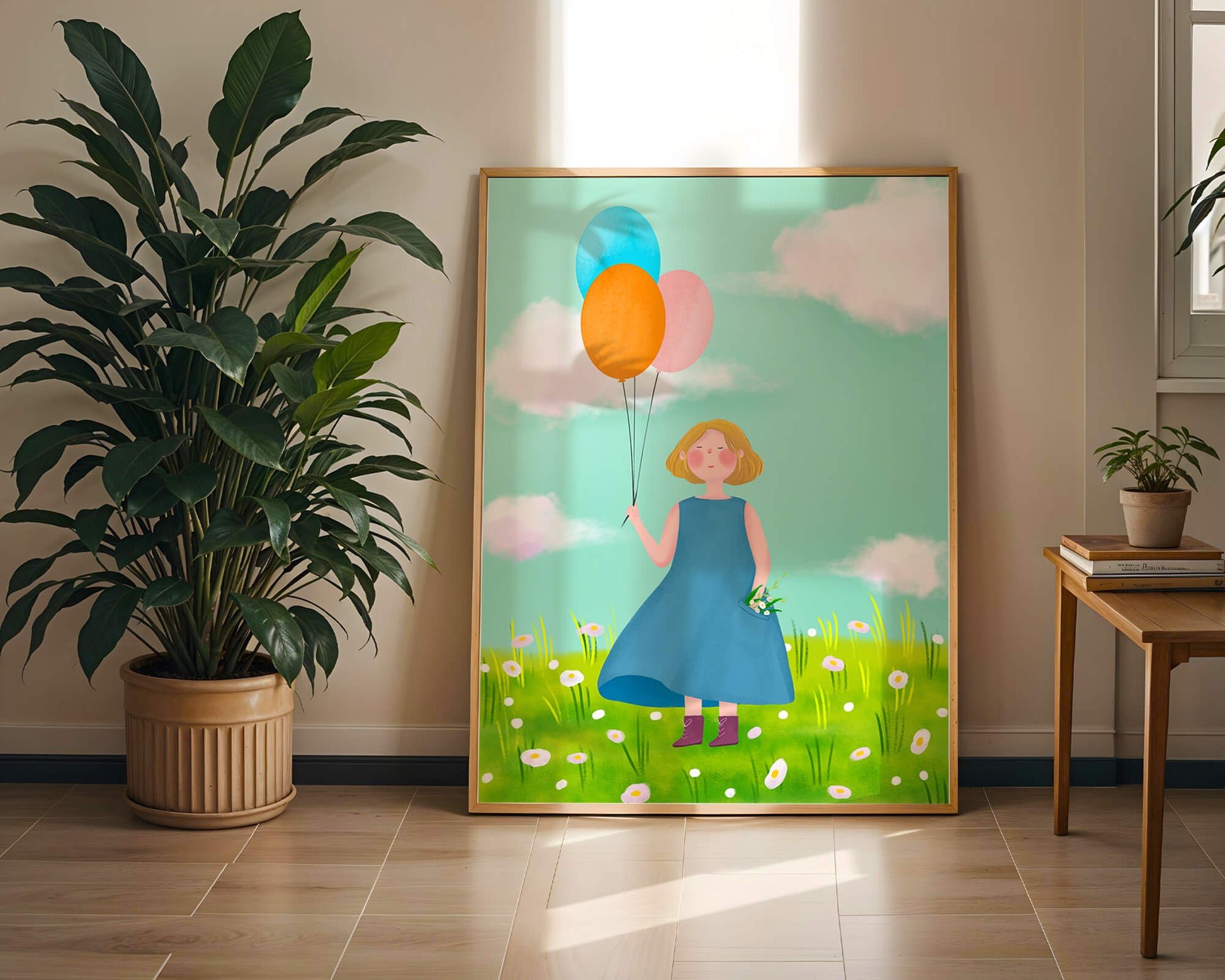 Girl with balloons in a field of daisies under a blue sky