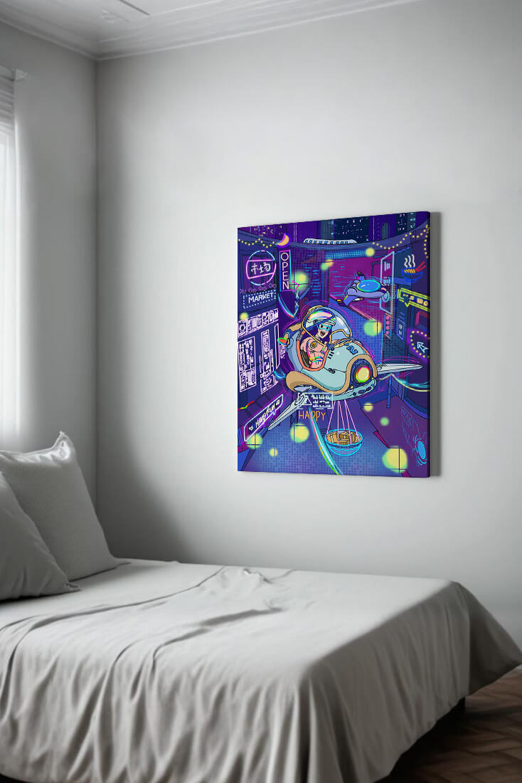 Futuristic cityscape with a flying delivery vehicle and neon signs