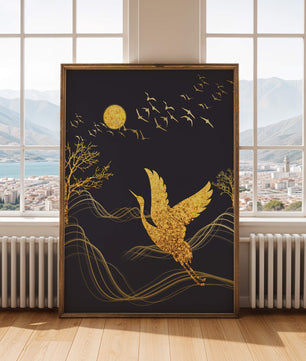 Goldener Kranich fliegt nachts über abstrakte Landschaft