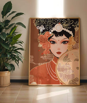Elegante retrato de una mujer asiática con atuendo tradicional y elementos florales
