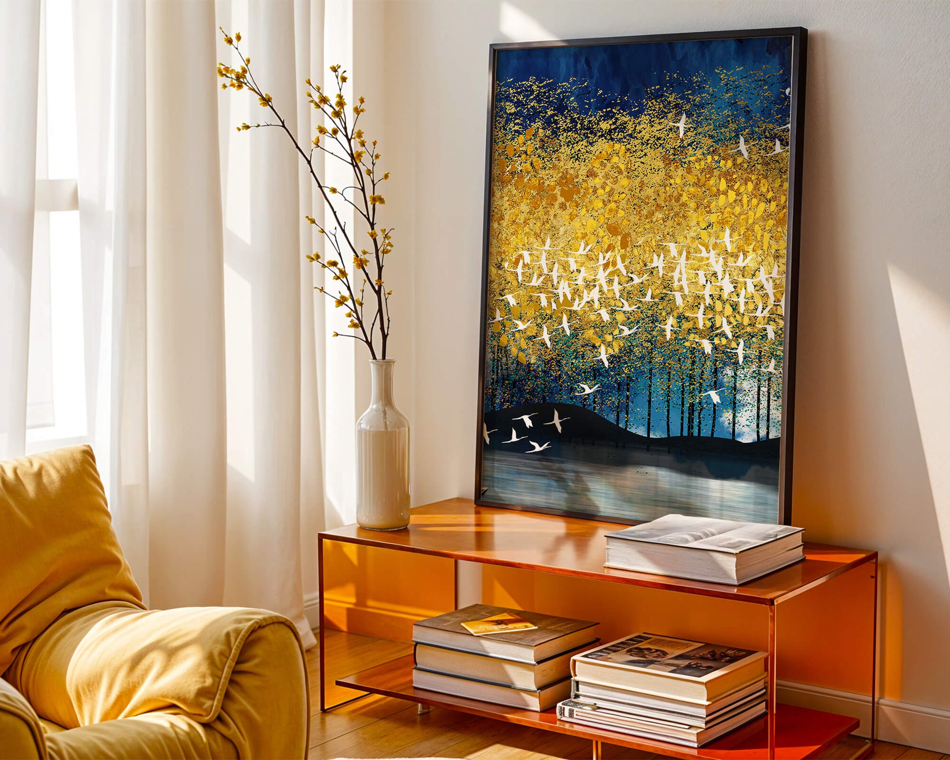 Vibrant Forest Landscape with Birds and Golden Leaves