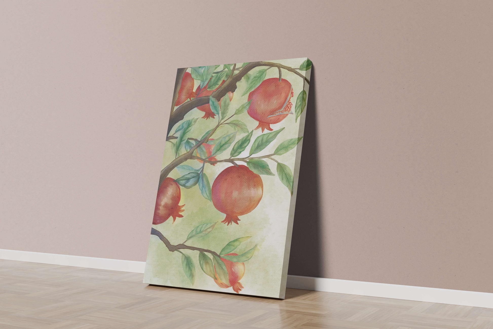 Watercolor illustration of pomegranates on a branch with leaves