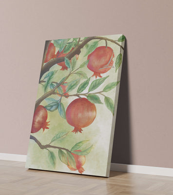 Watercolor illustration of pomegranates on a branch with leaves