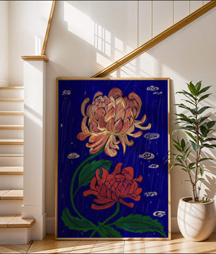 Colorful chrysanthemum illustration on dark blue background