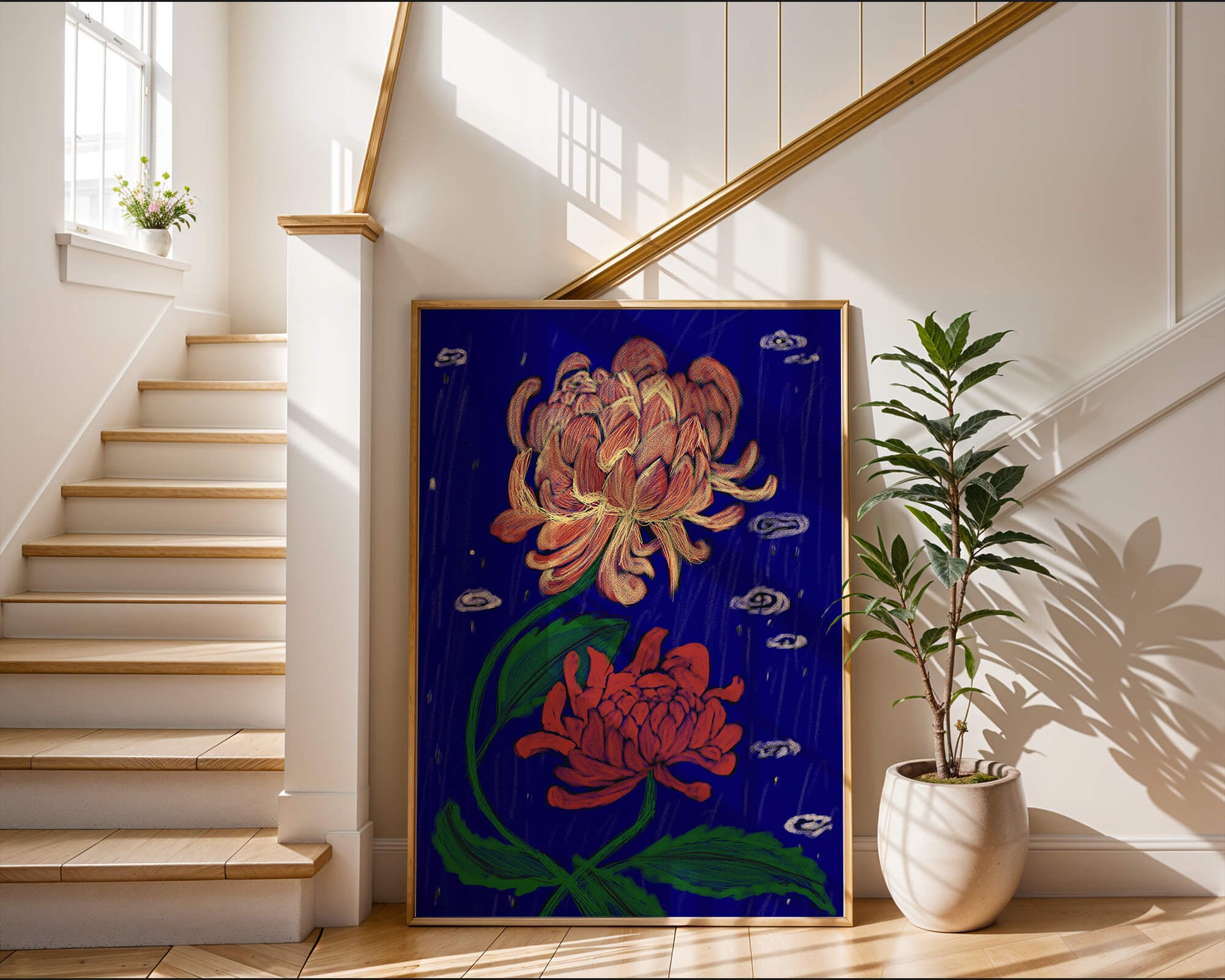 Colorful chrysanthemum illustration on dark blue background