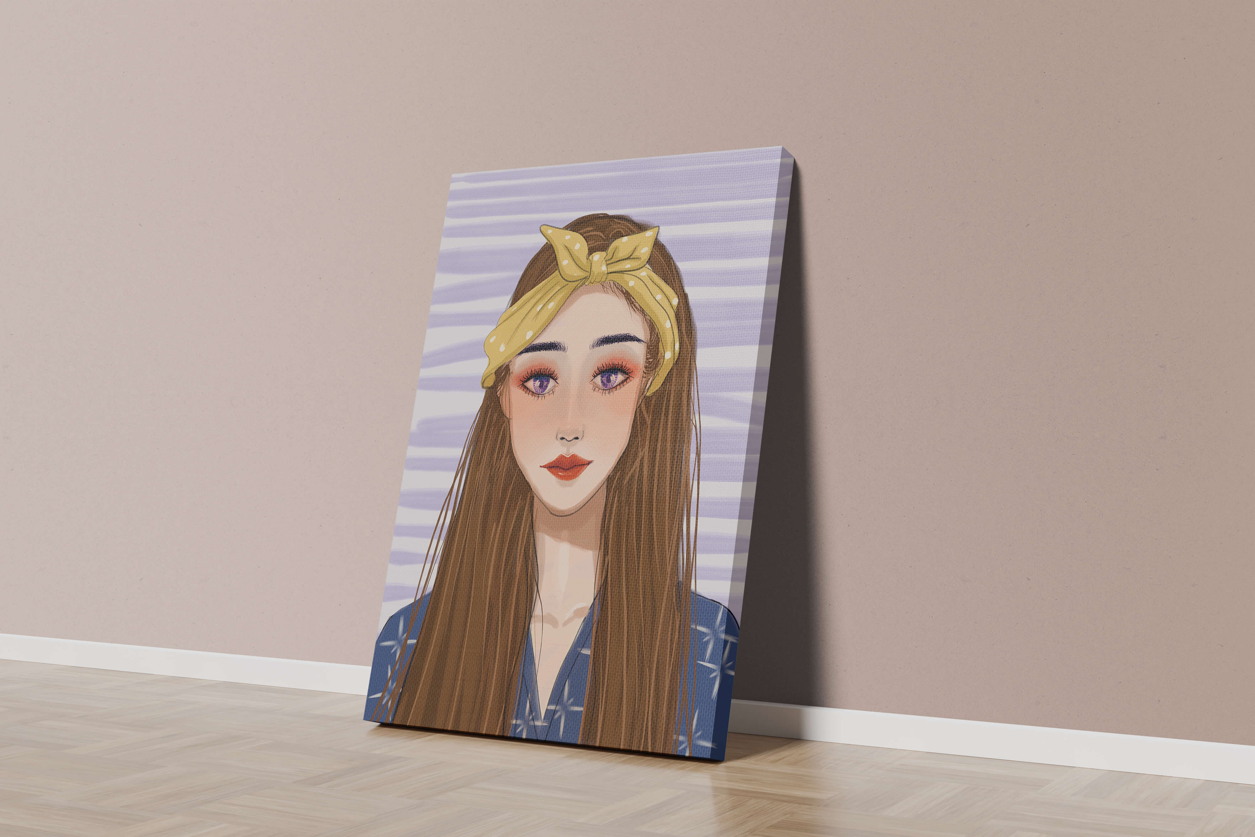 Illustration of a woman with a yellow headband against a striped background