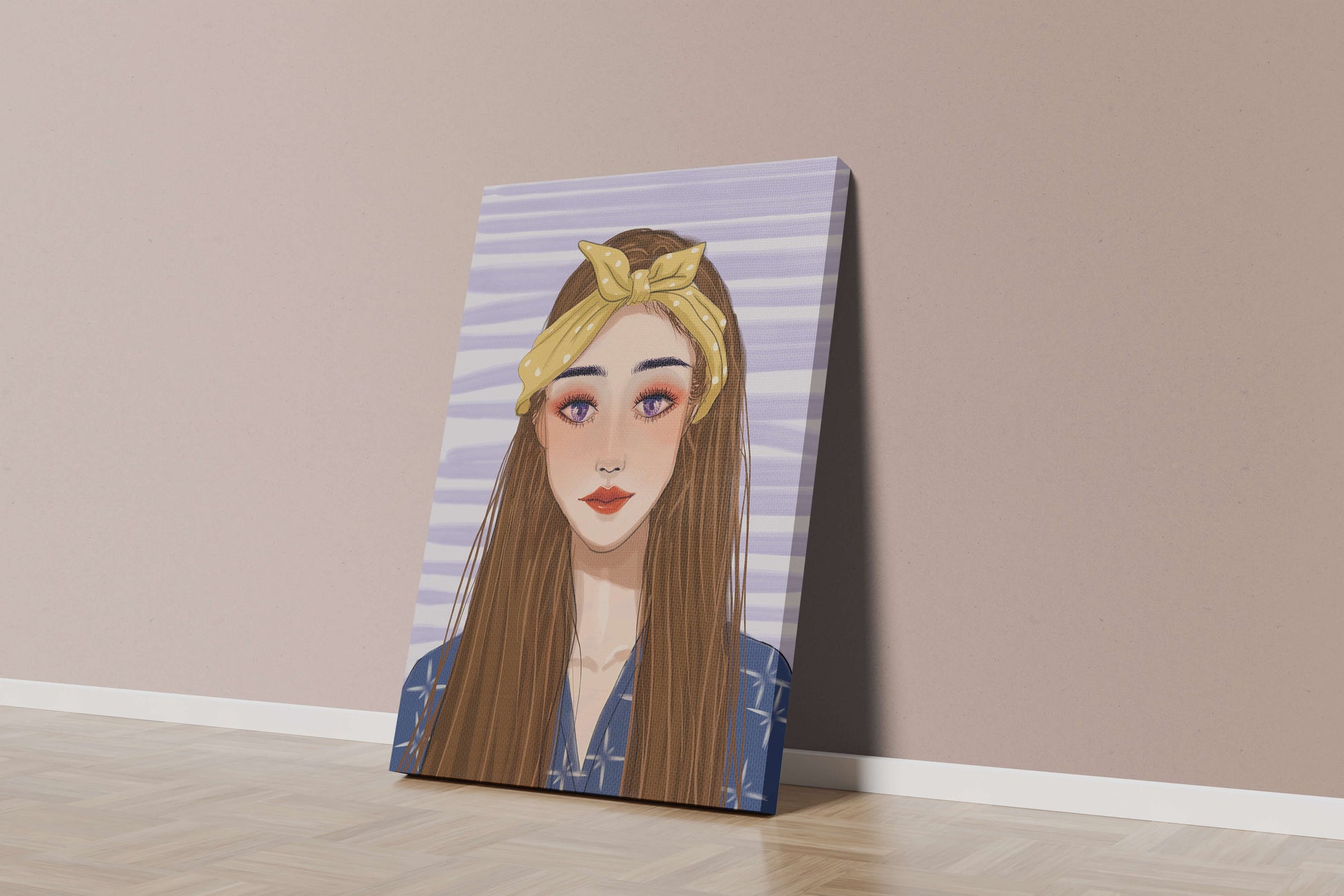 Illustration of a woman with a yellow headband against a striped background