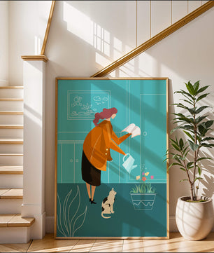 Mujer regando flores con un gato en un interior moderno