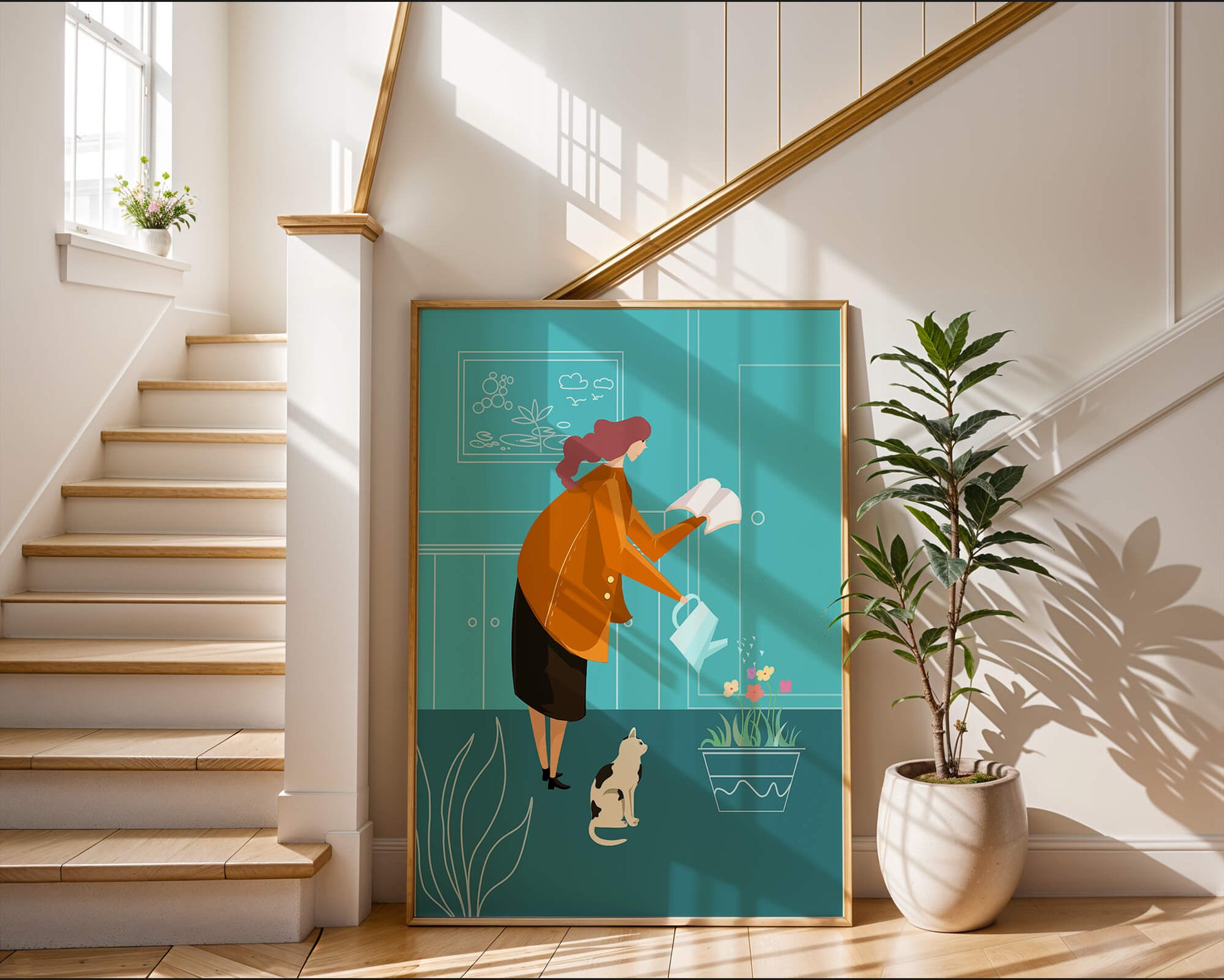 Mujer regando flores con un gato en un interior moderno