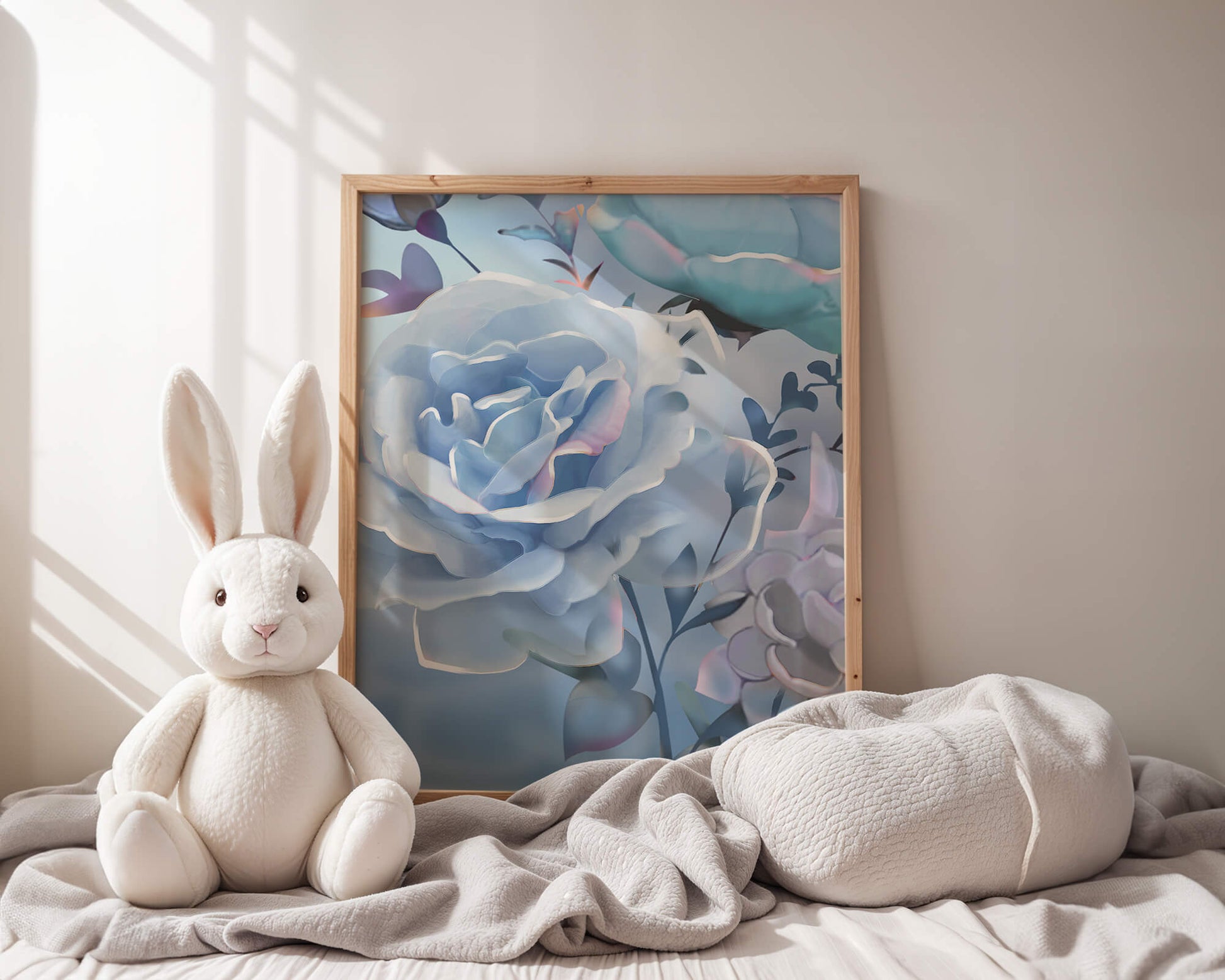 Rosas azules serenas con hojas delicadas sobre fondo suave