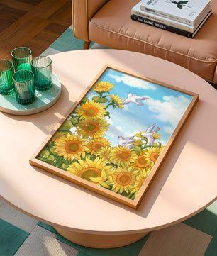 Friedliche Szene mit Sonnenblumen und Tauben unter einem strahlend blauen Himmel