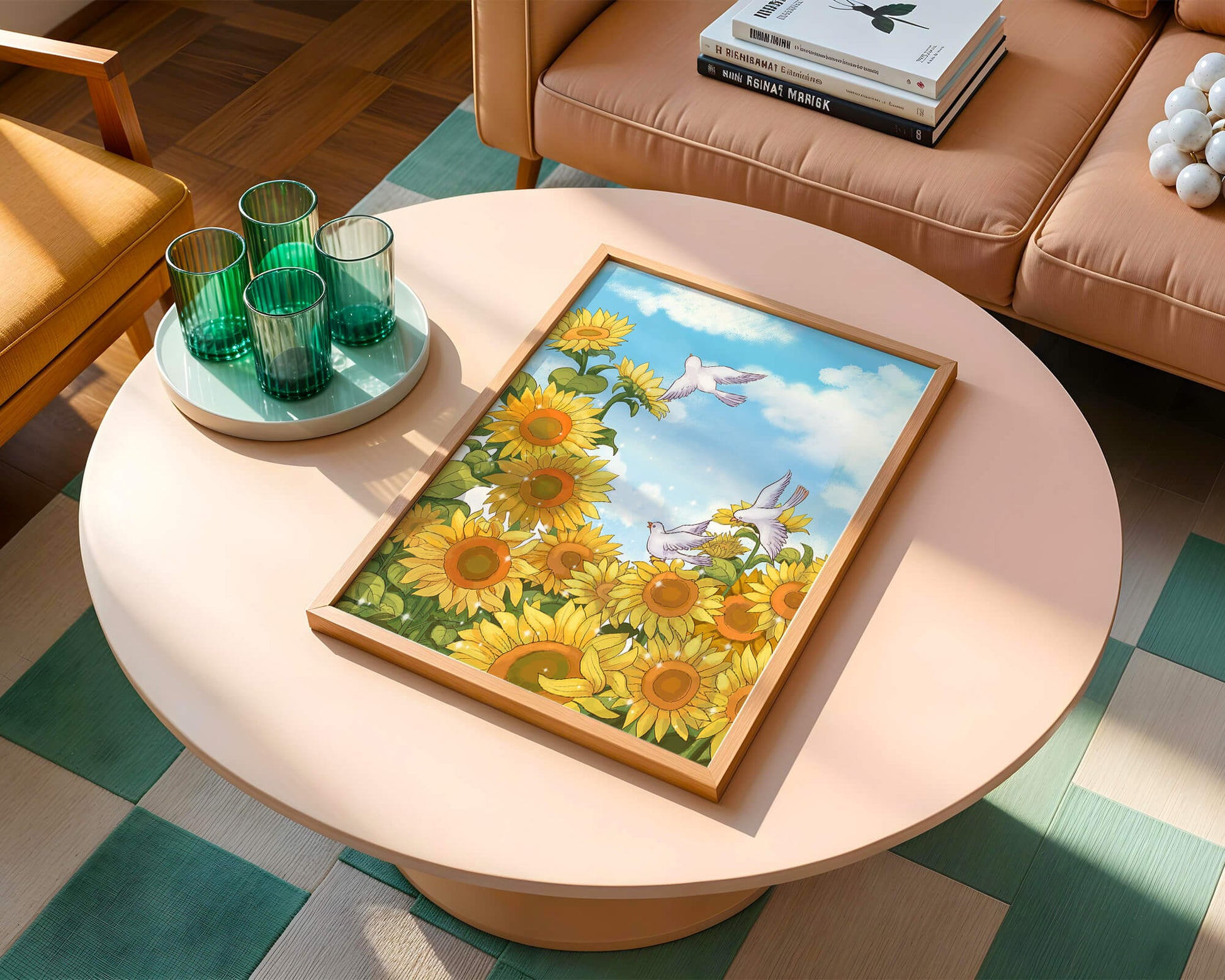 Friedliche Szene mit Sonnenblumen und Tauben unter einem strahlend blauen Himmel