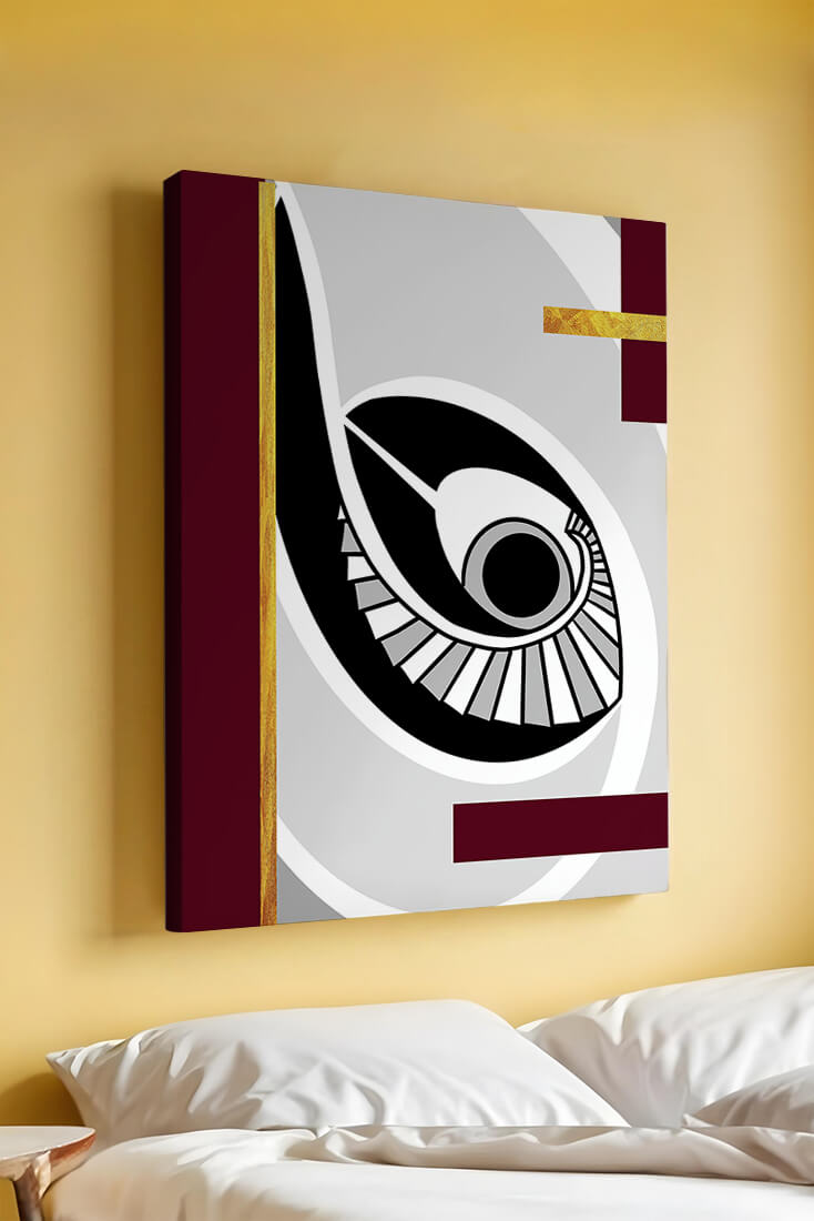 Arte geométrico abstracto con motivo de ojo y detalles dorados