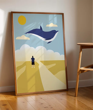 Surreal Landscape with Flying Blue Whale and Human on Desert Path