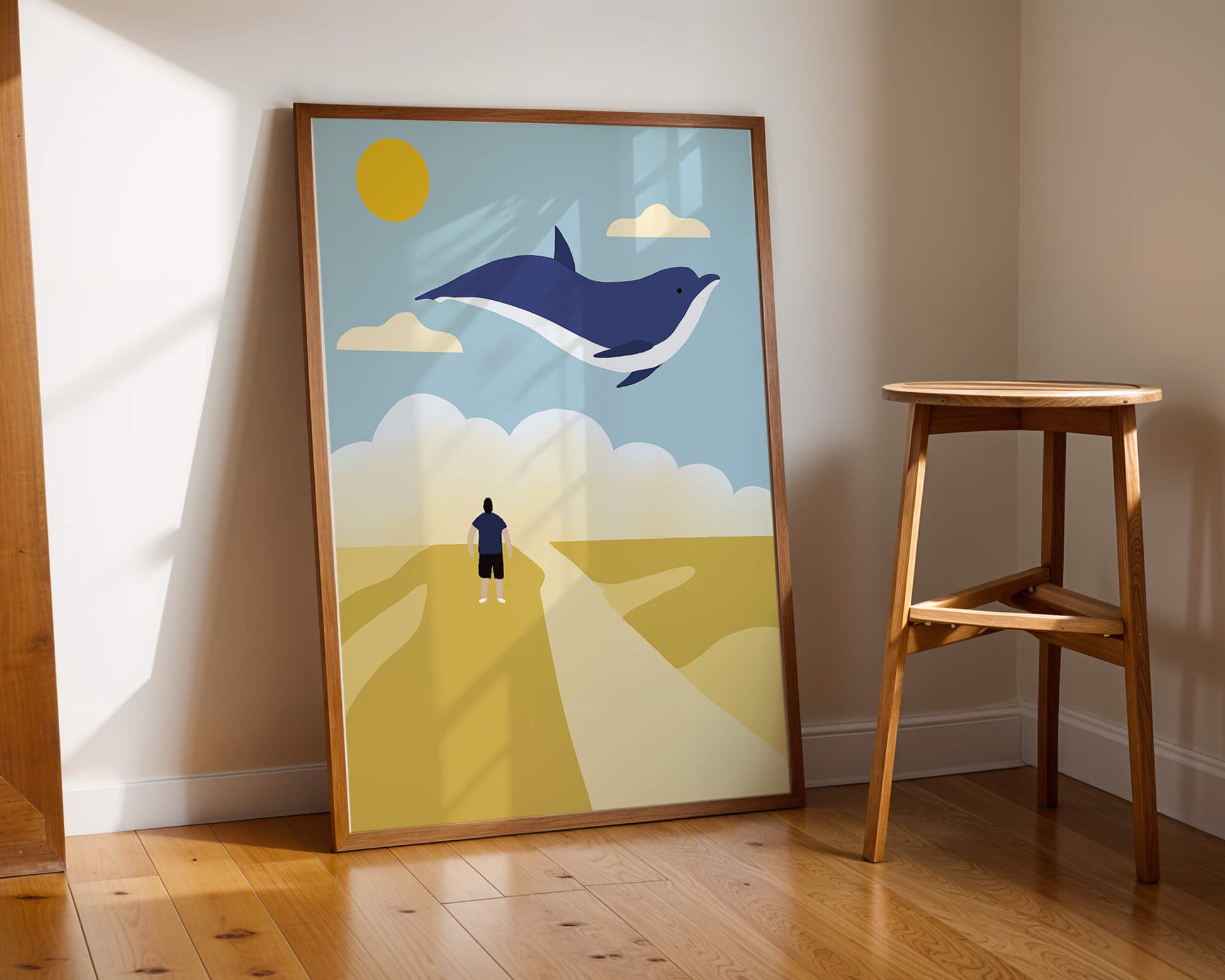 Paisaje surrealista con ballena azul voladora y humano en camino desértico