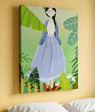 Serene illustration of a woman in nature with tropical leaves