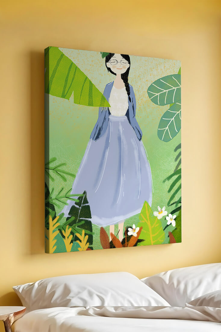 Serene illustration of a woman in nature with tropical leaves
