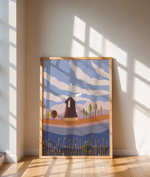Paysage coloré avec moulin à vent et arbres abstraits