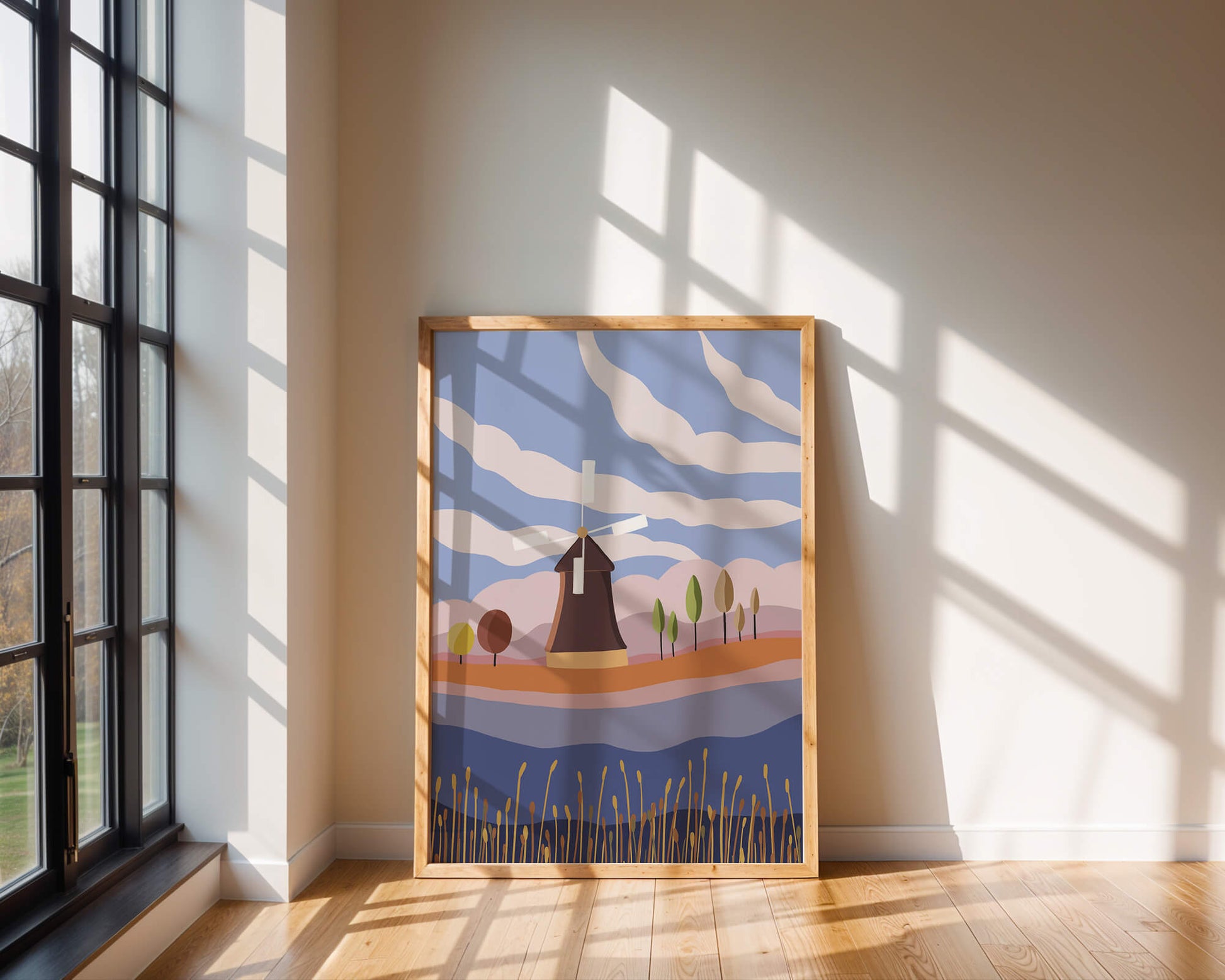 Colorful Landscape Featuring Windmill and Abstract Trees