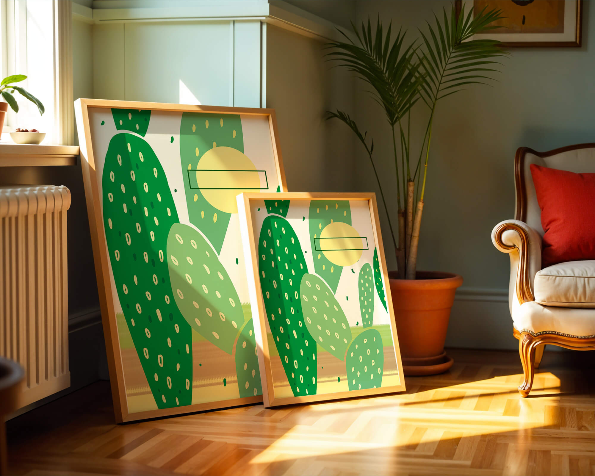 Abstract cactus art with green and yellow elements