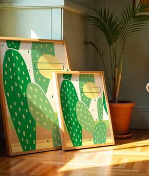 Art abstrait de cactus avec des éléments verts et jaunes