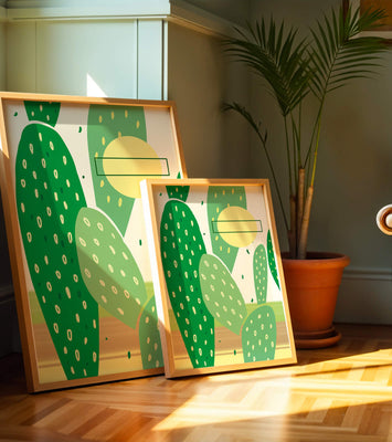 Abstract cactus art with green and yellow elements