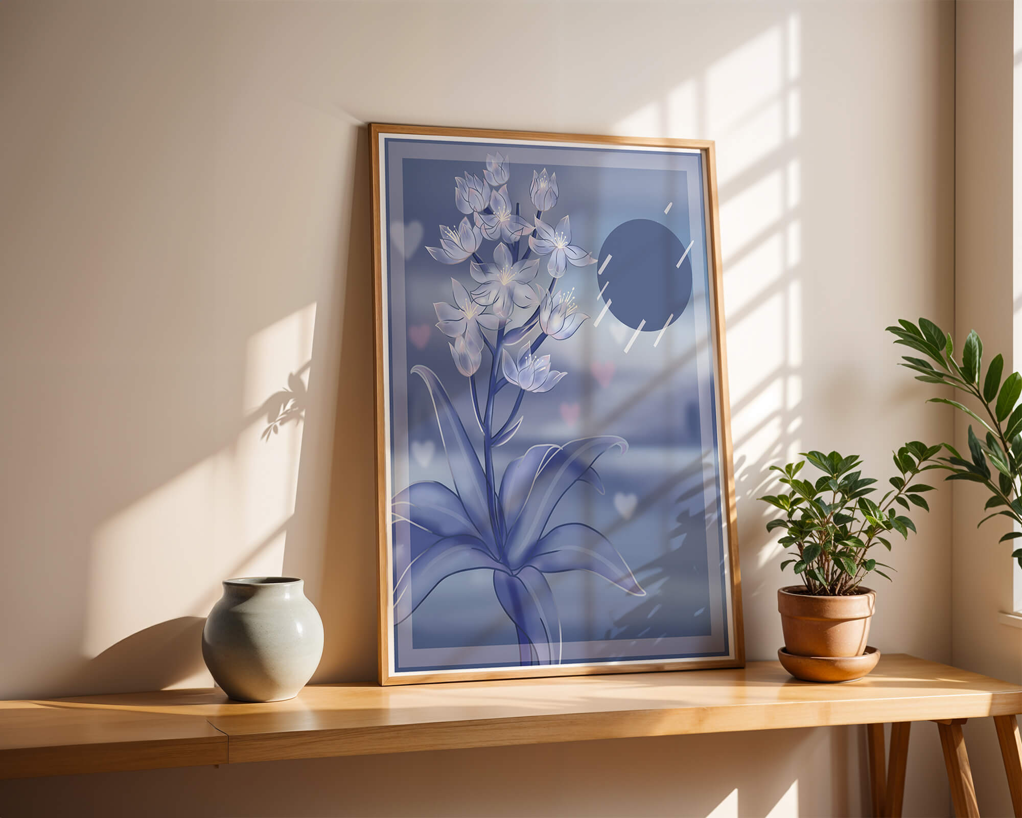 Delicate blue floral illustration with stylish geometric elements