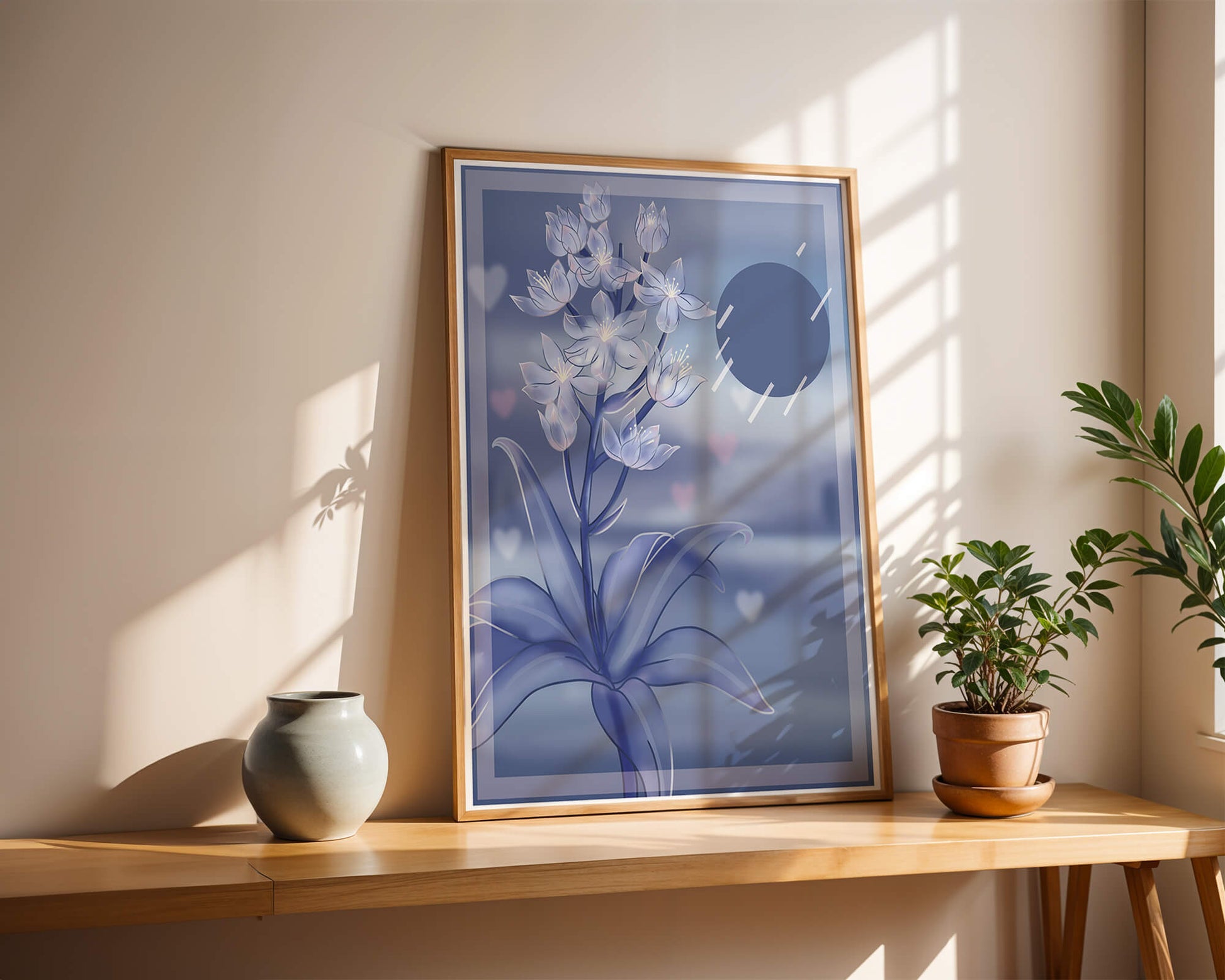 Delicate blue floral illustration with stylish geometric elements