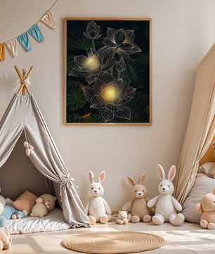 Lotus Flowers with Glowing Accents and Koi Fish Underwater