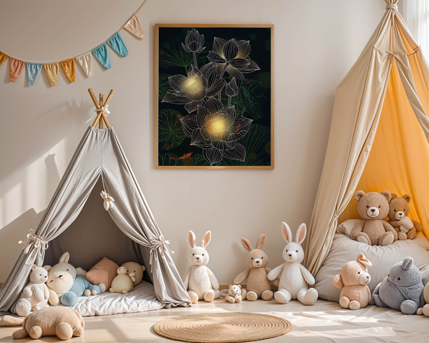 Flores de loto con detalles luminosos y peces koi bajo el agua