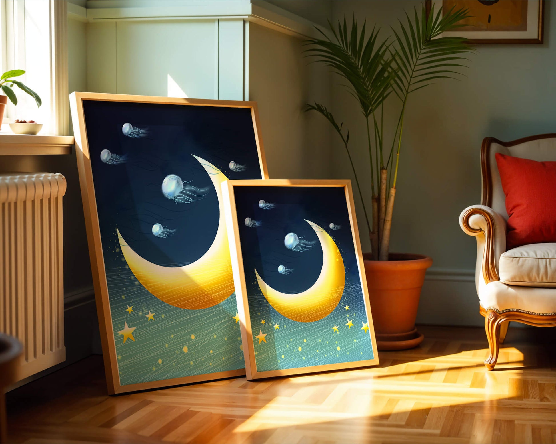 Night sky with golden crescent moon and jellyfish drifting
