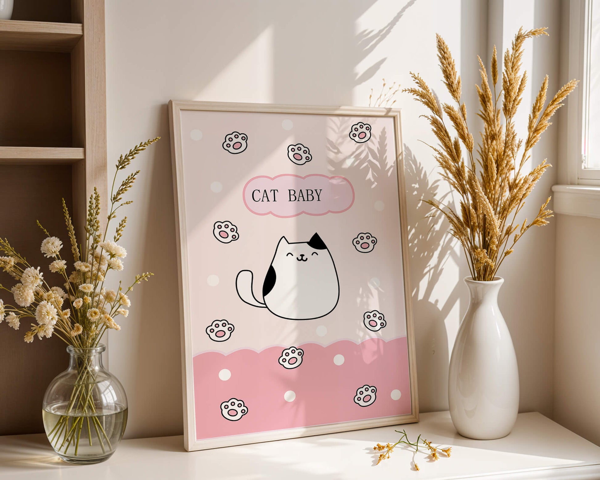 Adorable cat baby illustration with cute paw prints and polka dots