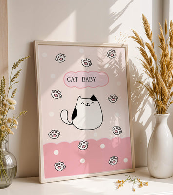 Adorable cat baby illustration with cute paw prints and polka dots