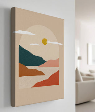 Paysage minimaliste avec montagnes et soleil