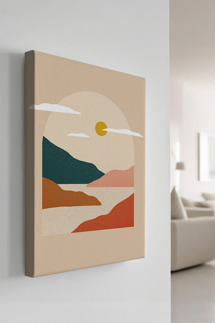 Paysage minimaliste avec montagnes et soleil