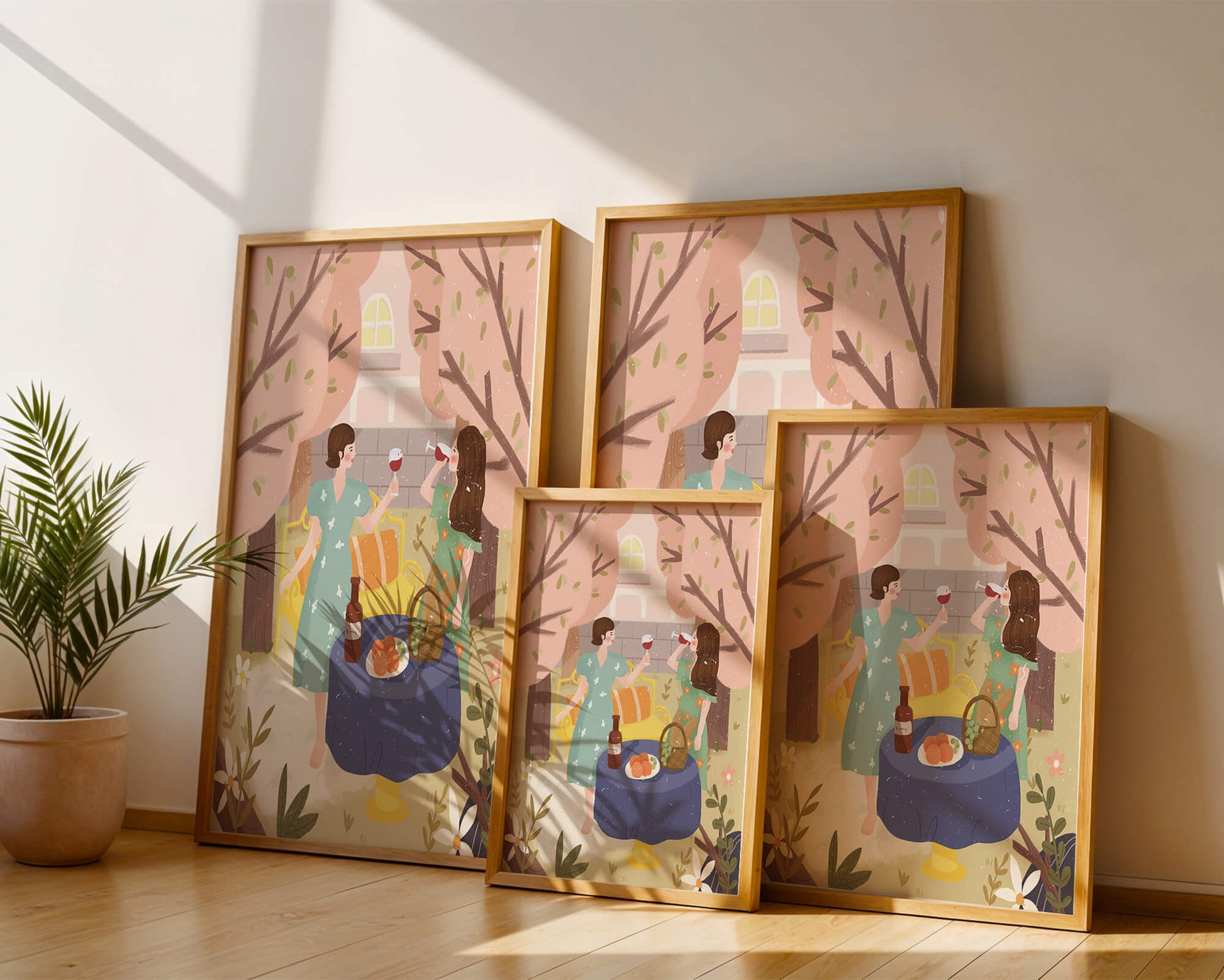 Reunión primaveral en el jardín con vino y frutas