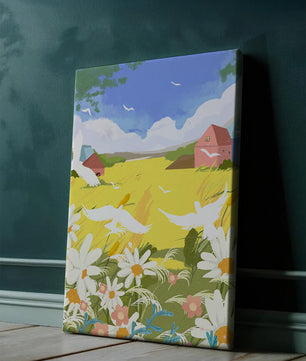Summer Landscape with Birds and Flowers in a Pastoral Setting