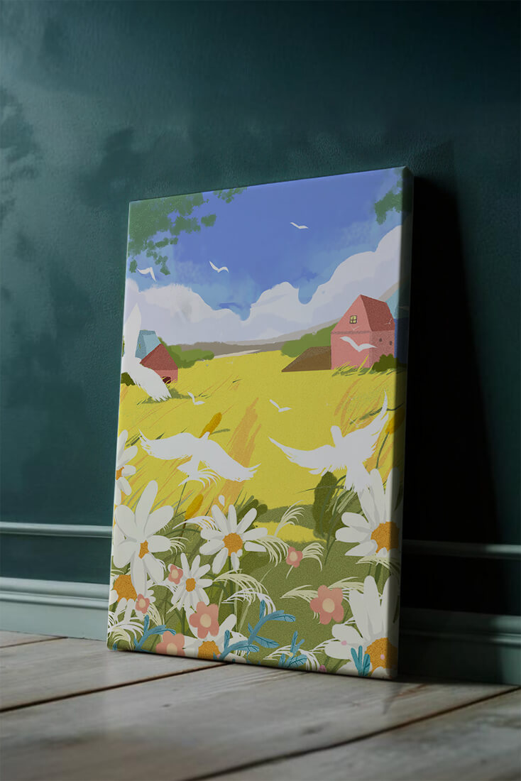 Summer Landscape with Birds and Flowers in a Pastoral Setting
