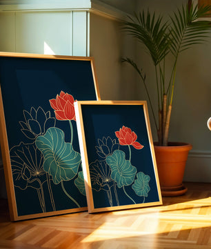 Elegant Floral Illustration with Vibrant Lotus and Gold Outlines on Dark Background