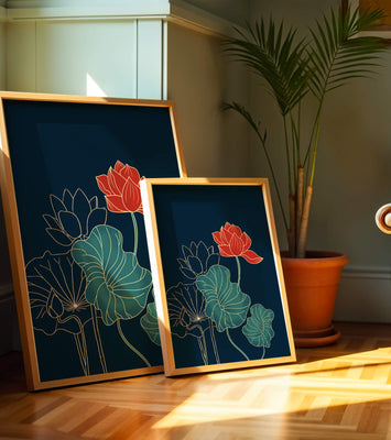 Elegant Floral Illustration with Vibrant Lotus and Gold Outlines on Dark Background