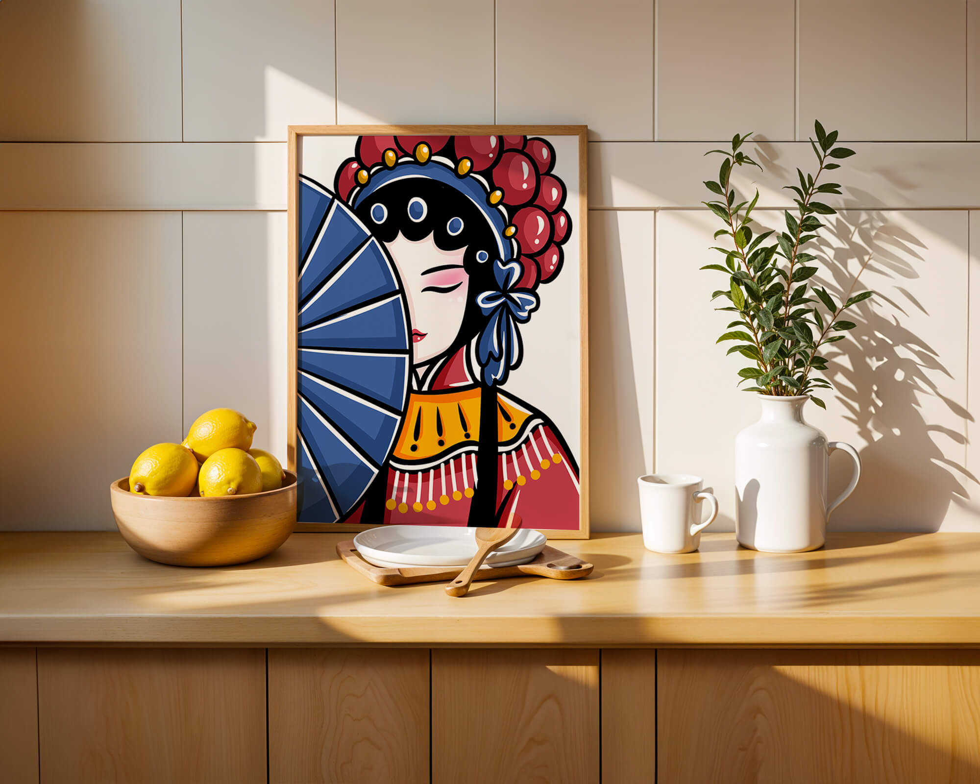 Traditional Asian opera character with fan and decorative headpiece