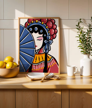 Traditional Asian opera character with fan and decorative headpiece