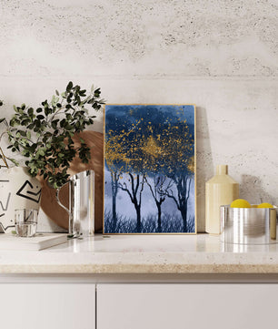 Mystical forest landscape with gold splatter art
